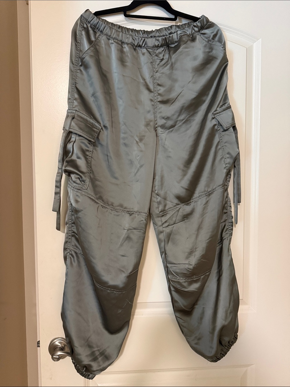 Women’s  Cargo Jogger Pants in Sage Green satin